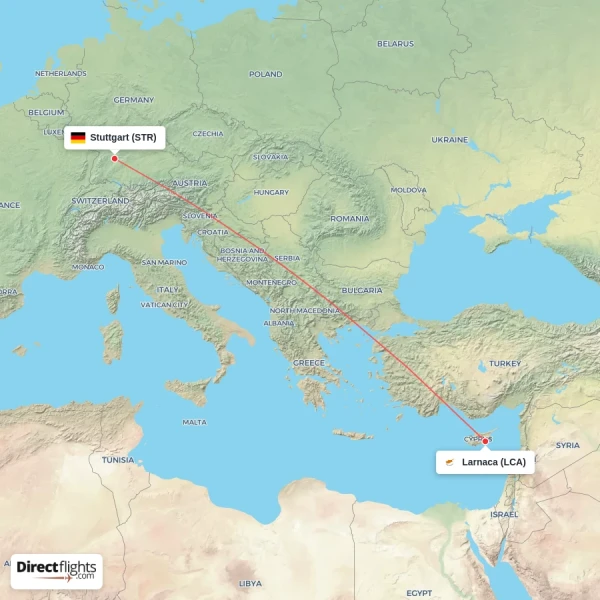 Stuttgart - Larnaca direct flight map