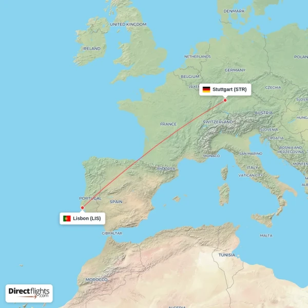 Stuttgart - Lisbon direct flight map