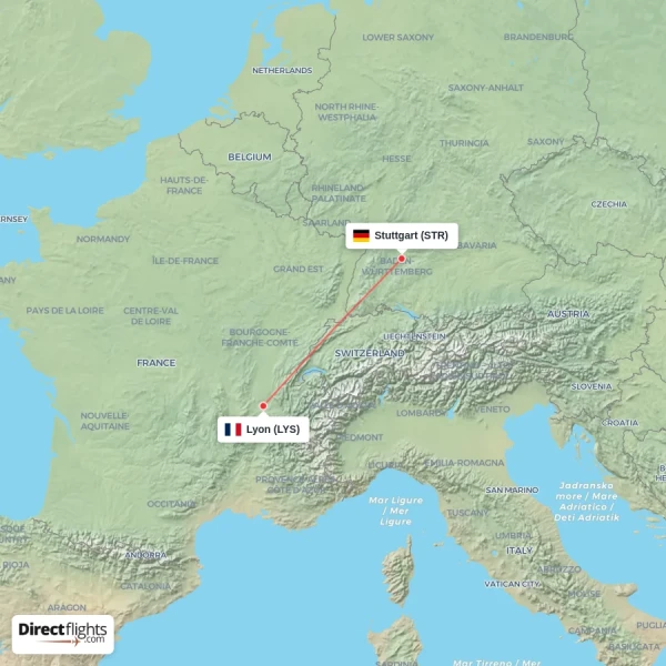 Stuttgart - Lyon direct flight map