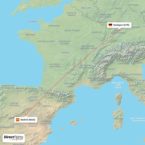 Stuttgart - Madrid direct flight map