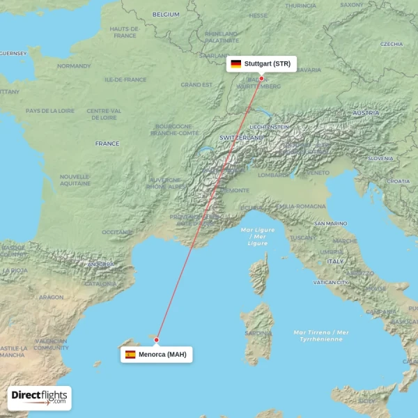 Stuttgart - Menorca direct flight map