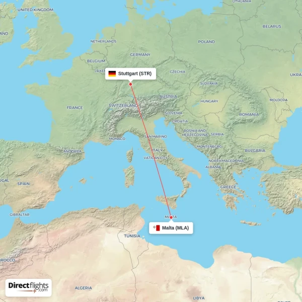 Stuttgart - Malta direct flight map