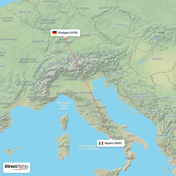 Stuttgart - Naples direct flight map