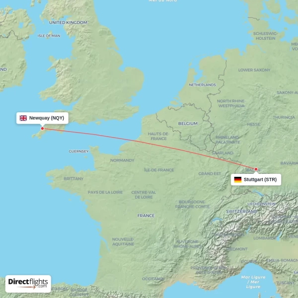 Stuttgart - Newquay direct flight map