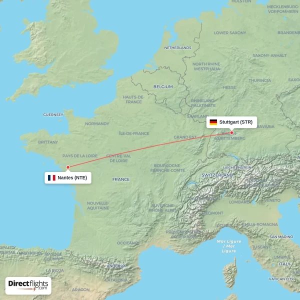 Stuttgart - Nantes direct flight map