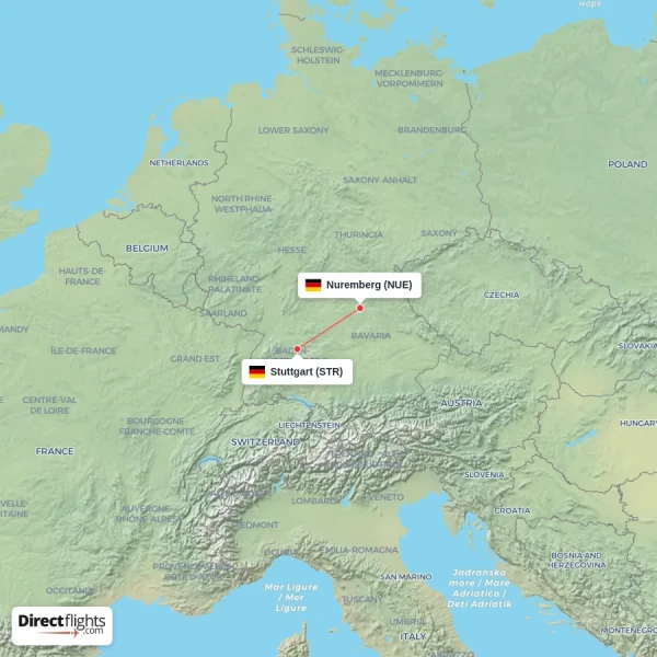 Stuttgart - Nuremberg direct flight map