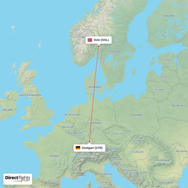 Stuttgart - Oslo direct flight map