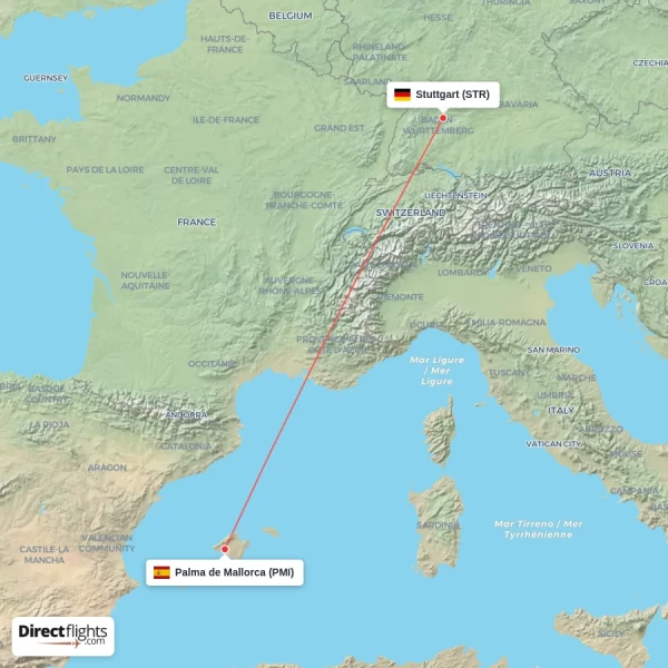 Stuttgart - Palma de Mallorca direct flight map