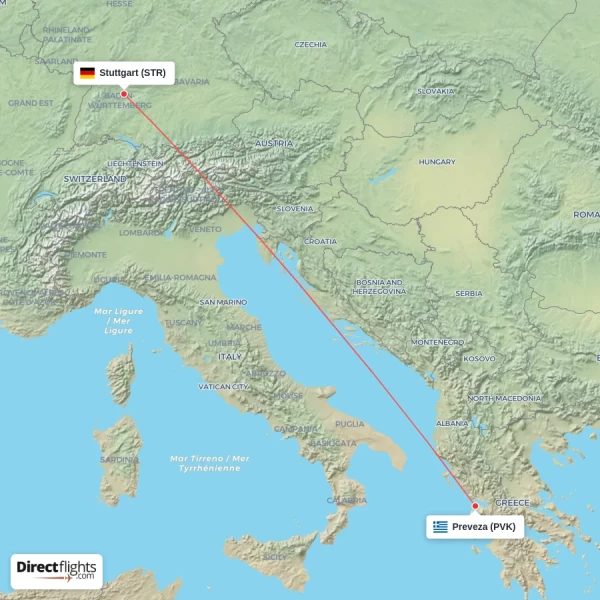 Stuttgart - Preveza direct flight map