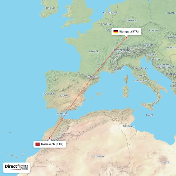 Stuttgart - Marrakech direct flight map