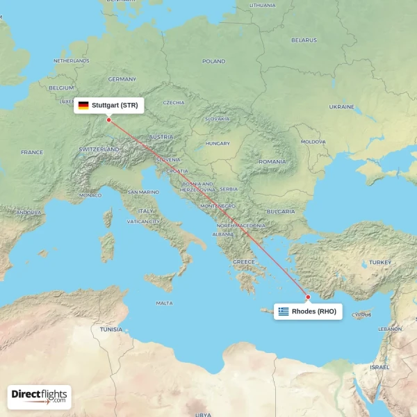 Stuttgart - Rhodes direct flight map