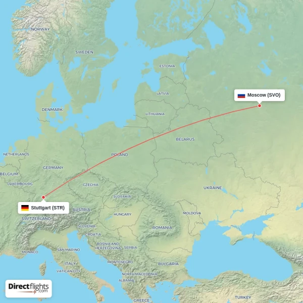 Stuttgart - Moscow direct flight map