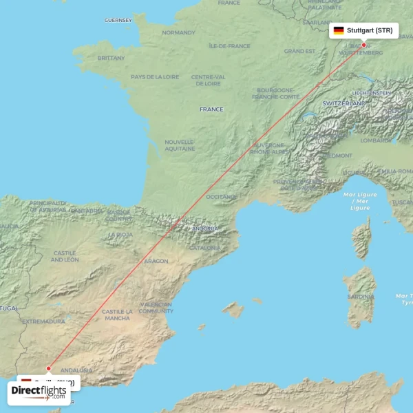 Stuttgart - Sevilla direct flight map