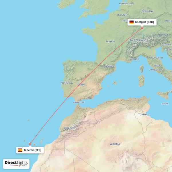 Stuttgart - Tenerife direct flight map