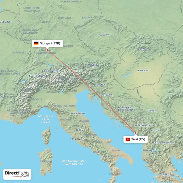 Stuttgart - Tivat direct flight map