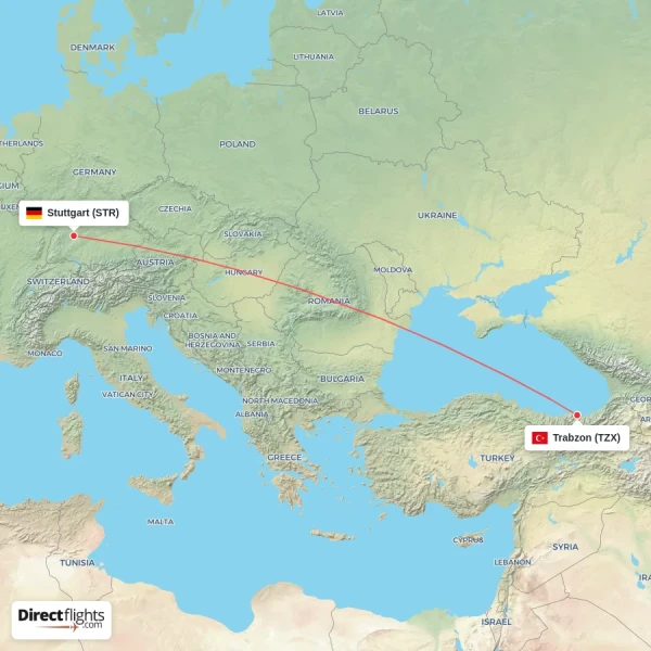 Stuttgart - Trabzon direct flight map