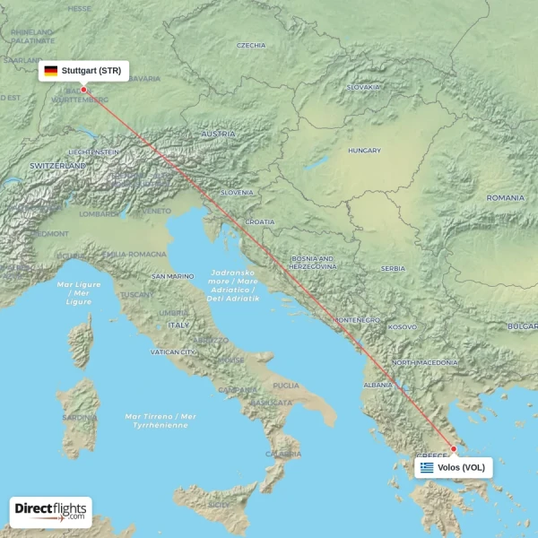 Stuttgart - Volos direct flight map