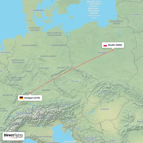 Stuttgart - Modlin direct flight map
