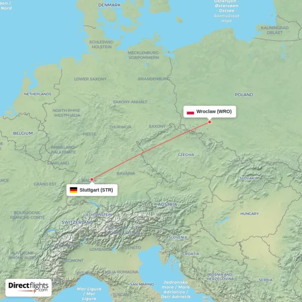 Stuttgart - Wroclaw direct flight map