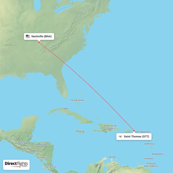 Saint Thomas - Nashville direct flight map
