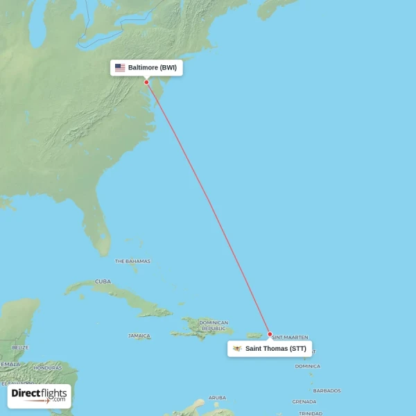 Saint Thomas - Baltimore direct flight map