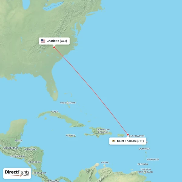 Saint Thomas - Charlotte direct flight map