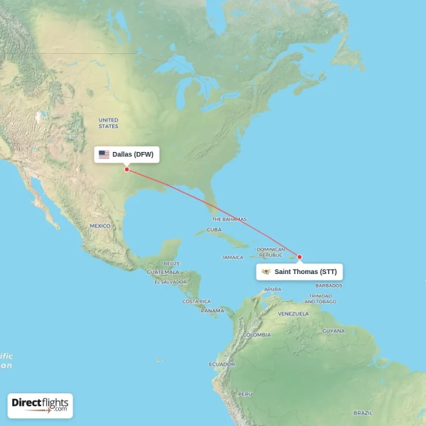 Saint Thomas - Dallas direct flight map