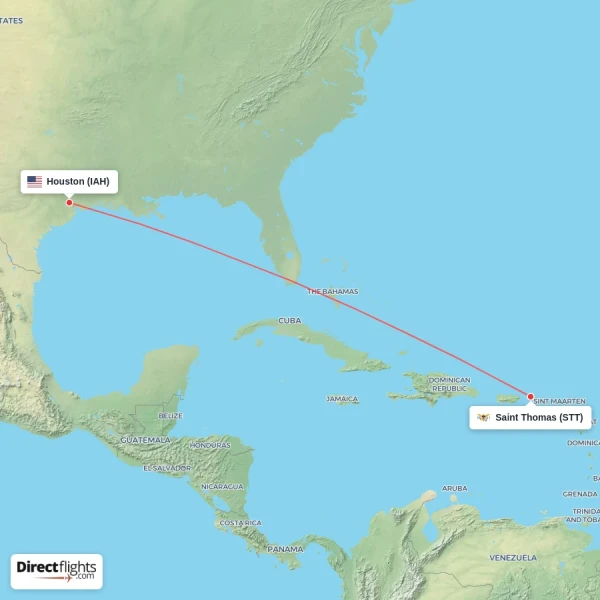 Saint Thomas - Houston direct flight map