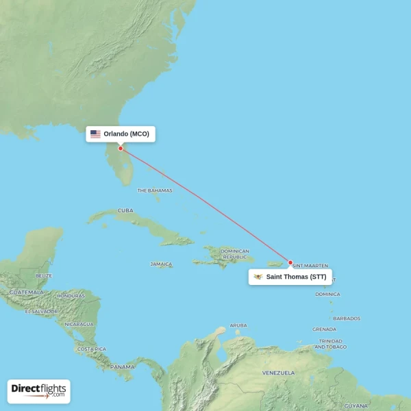 Saint Thomas - Orlando direct flight map