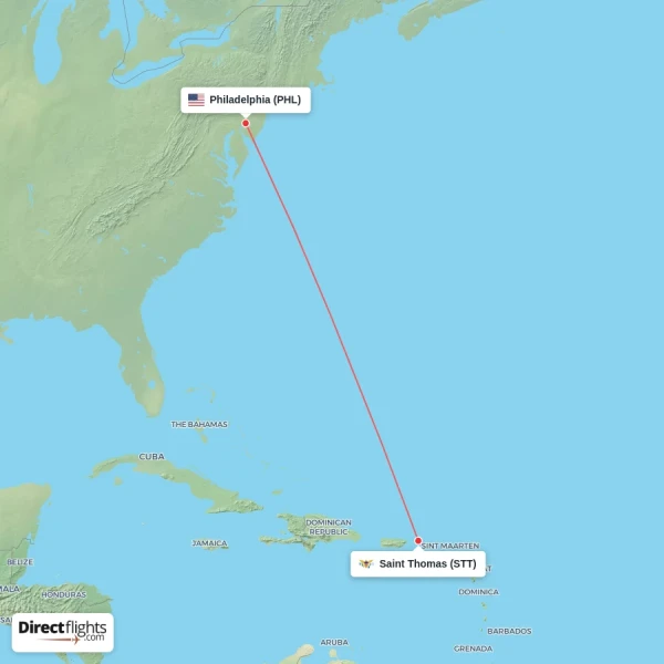 Saint Thomas - Philadelphia direct flight map