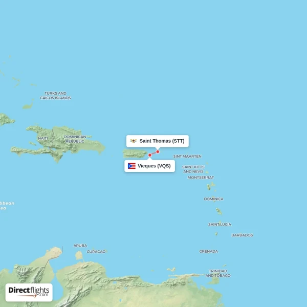 Saint Thomas - Vieques direct flight map