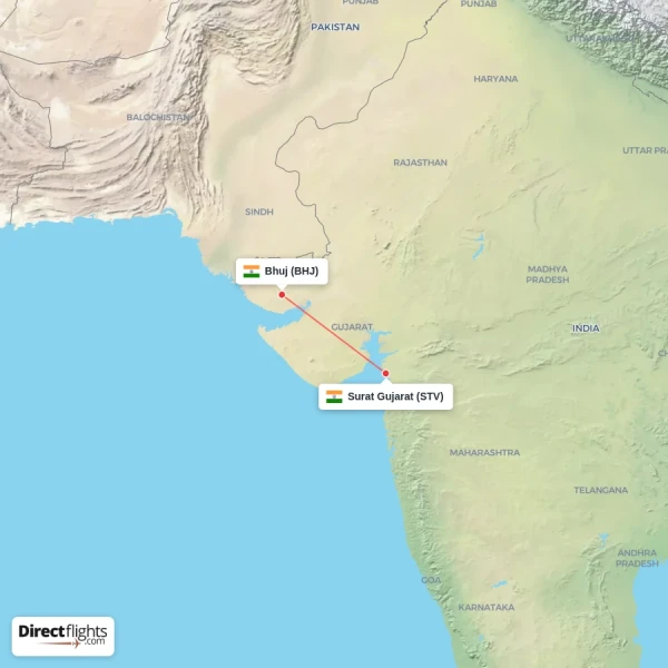 Surat Gujarat - Bhuj direct flight map