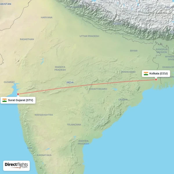 Surat Gujarat - Kolkata direct flight map