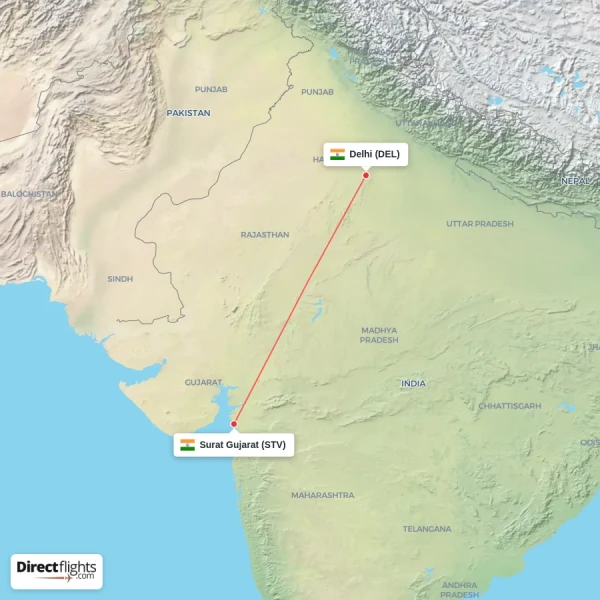 Surat Gujarat - Delhi direct flight map