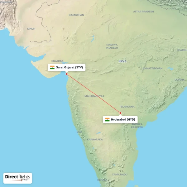 Surat Gujarat - Hyderabad direct flight map