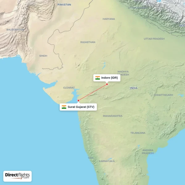 Surat Gujarat - Indore direct flight map