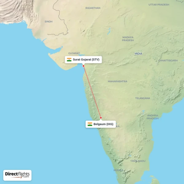 Surat Gujarat - Belgaum direct flight map