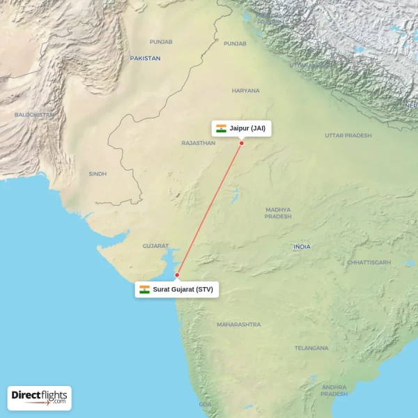 Surat Gujarat - Jaipur direct flight map