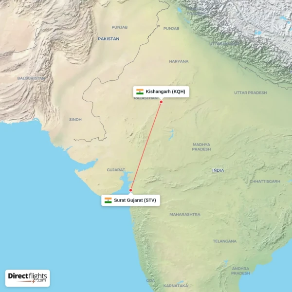 Surat Gujarat - Kishangarh direct flight map