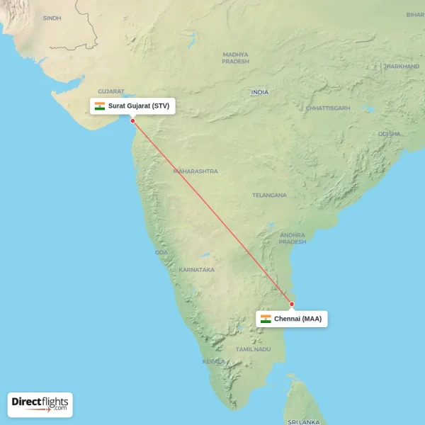 Surat Gujarat - Chennai direct flight map