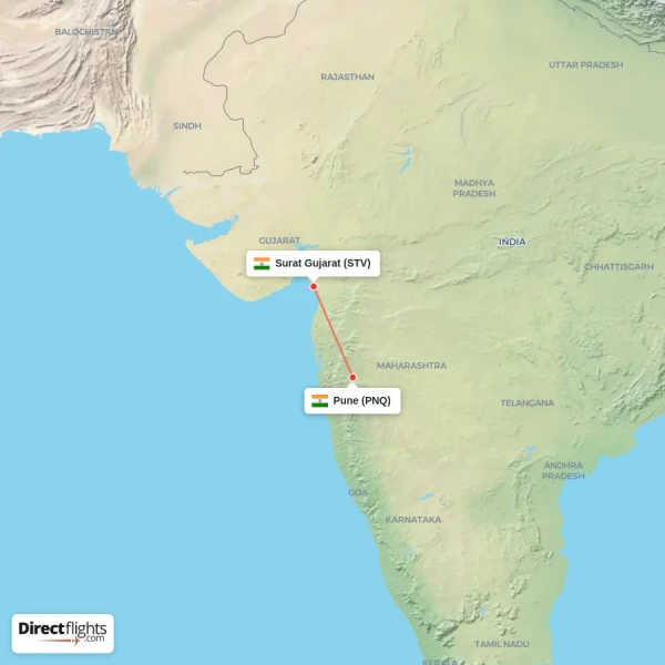 Surat Gujarat - Pune direct flight map