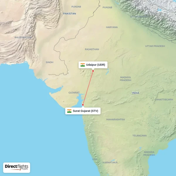 Surat Gujarat - Udaipur direct flight map