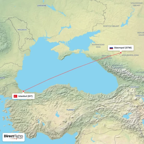 Stavropol - Istanbul direct flight map