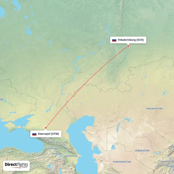 Stavropol - Yekaterinburg direct flight map