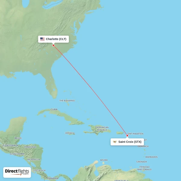Saint Croix - Charlotte direct flight map