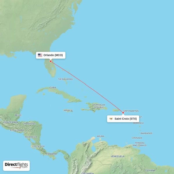 Saint Croix - Orlando direct flight map