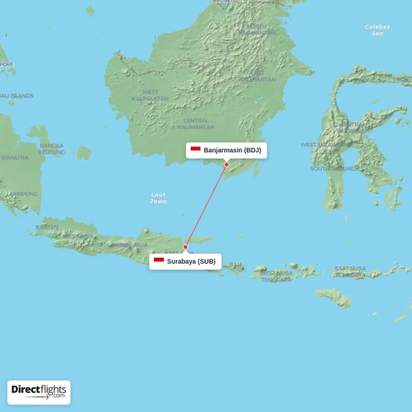 Surabaya - Banjarmasin direct flight map