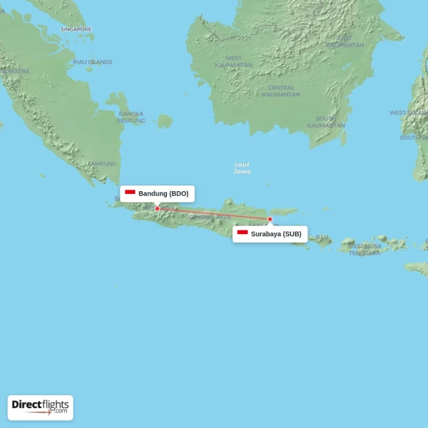 Surabaya - Bandung direct flight map