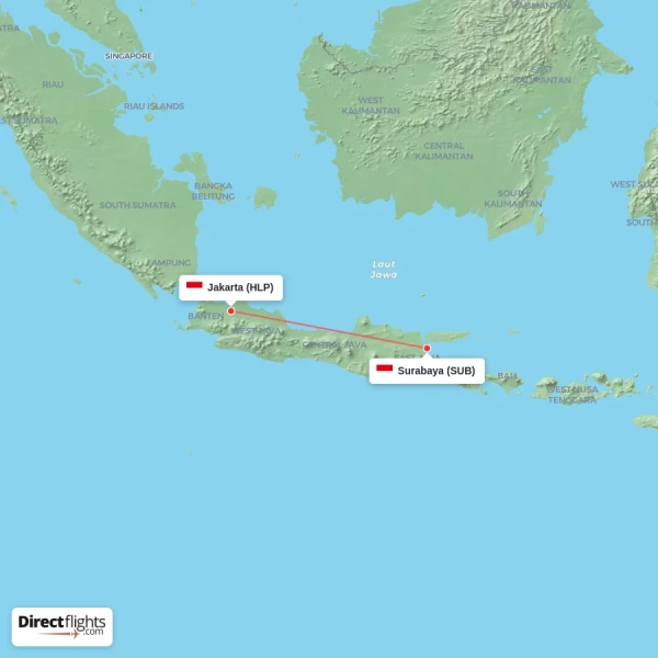 Surabaya - Jakarta direct flight map