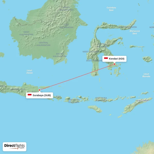Surabaya - Kendari direct flight map